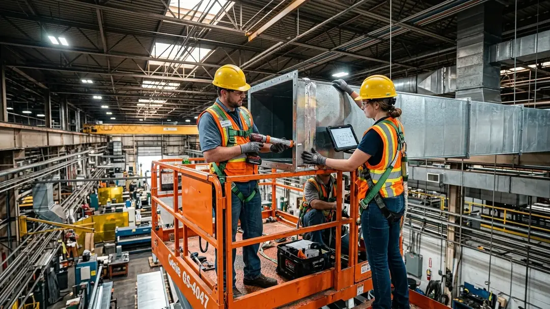Mechanical Engineers Installing Ductwork on Scissor Lift - FANEX
